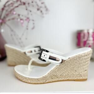 Burberry NWB Nova Check Patent Leather Espadrille Wedge Sandals White Size 9 US